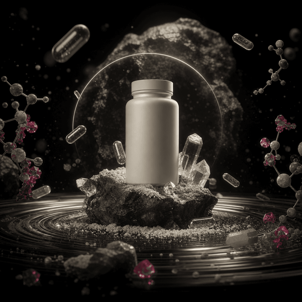 A minimalist supplement bottle revealed inside a mineral-inspired molecular environment, surrounded by translucent capsu