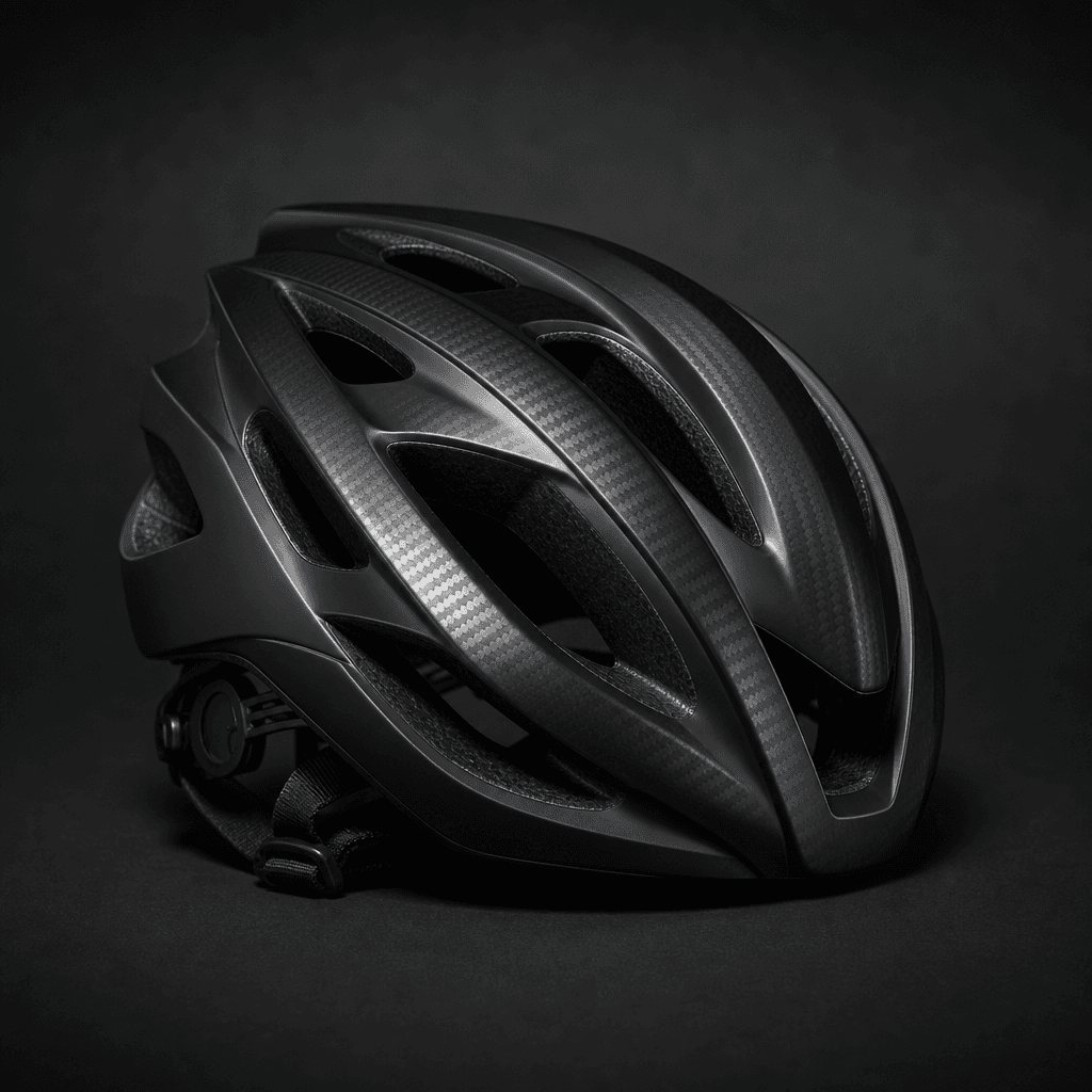 A matte-black cycling helmet at three-quarter orbit angle against a charcoal studio sweep. Light wraps around ventilatio