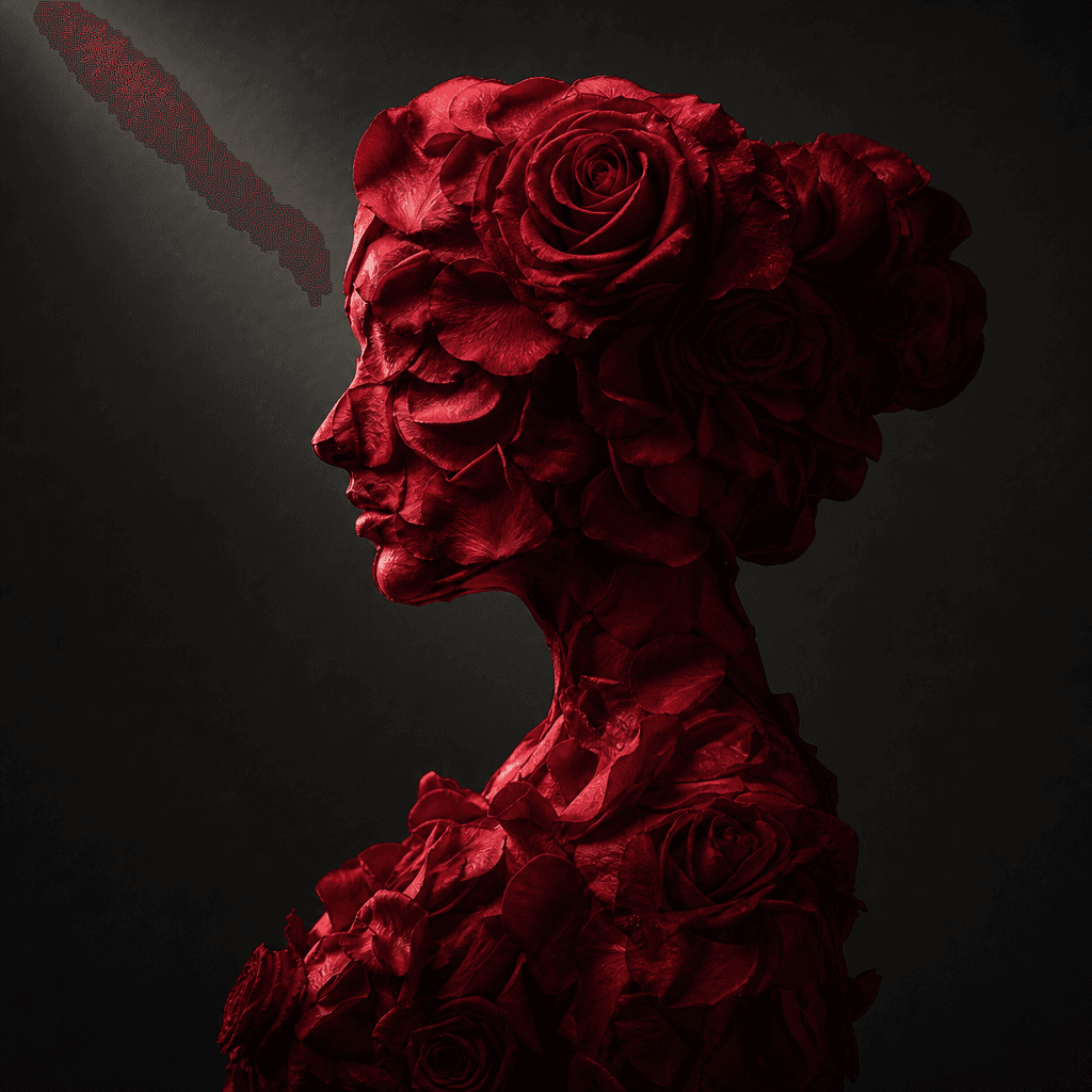Surreal floral portrait silhouette formed entirely from deep crimson rose petals against a charcoal studio background, a