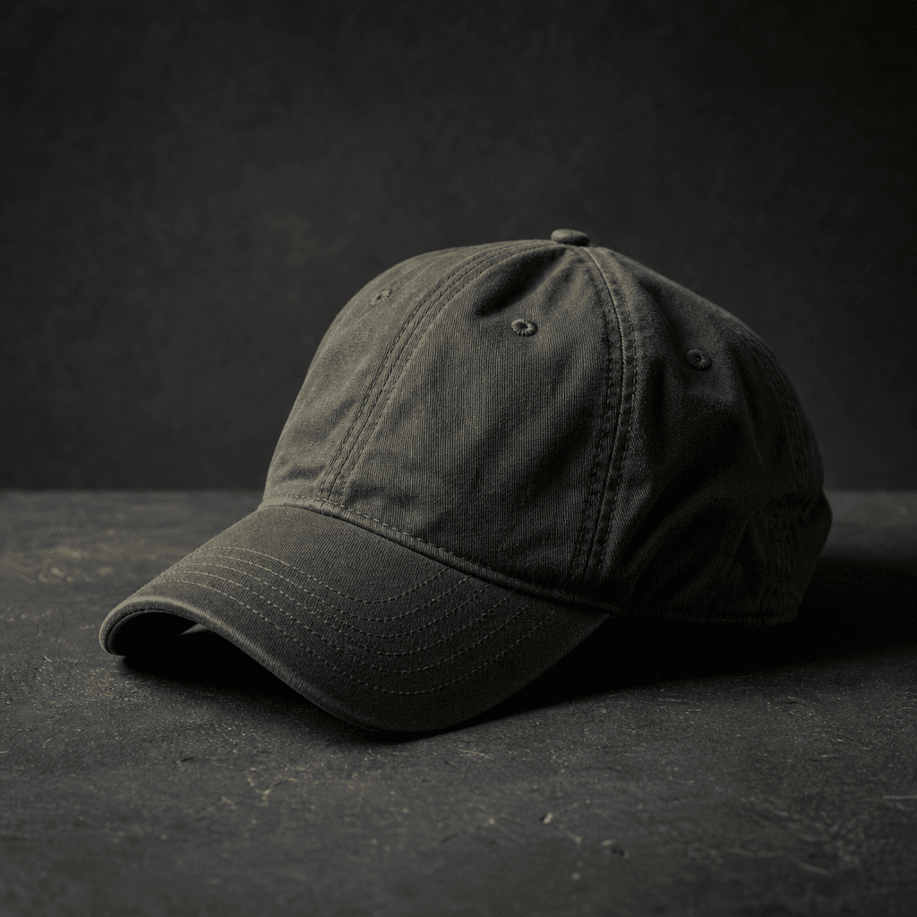 Olive green unstructured six-panel cap resting on a dark matte concrete surface, moody diffused side light from a single