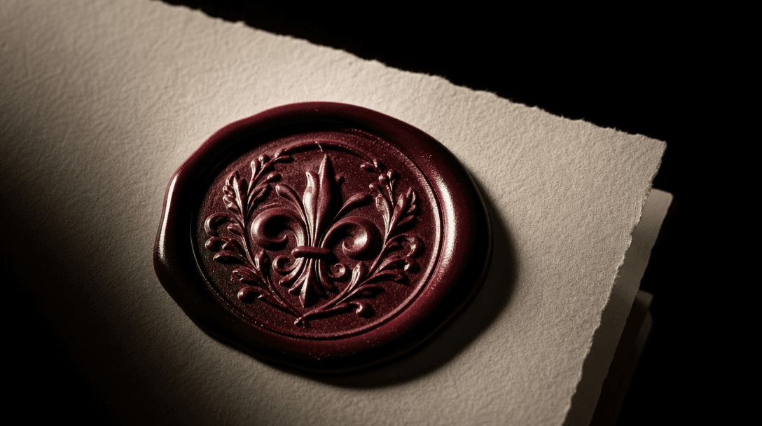 Macro editorial shot of an embossed wax seal stamp pressed into deep burgundy wax on thick cream paper stock, single sha