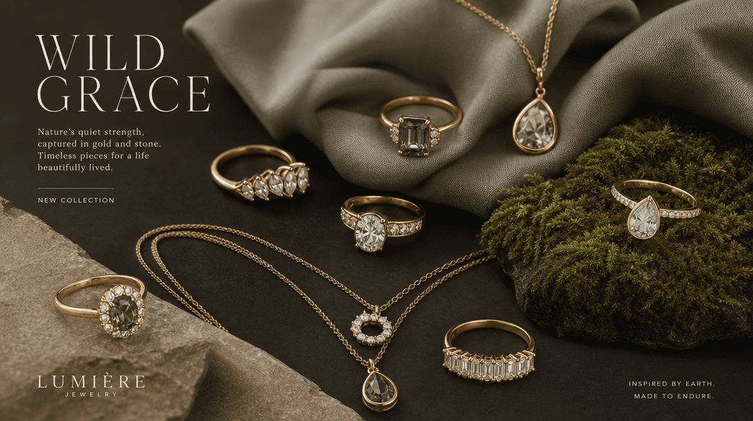 Curated editorial jewelry layout with multiple rings and necklaces arranged artfully on fabric and moss, magazine-qualit