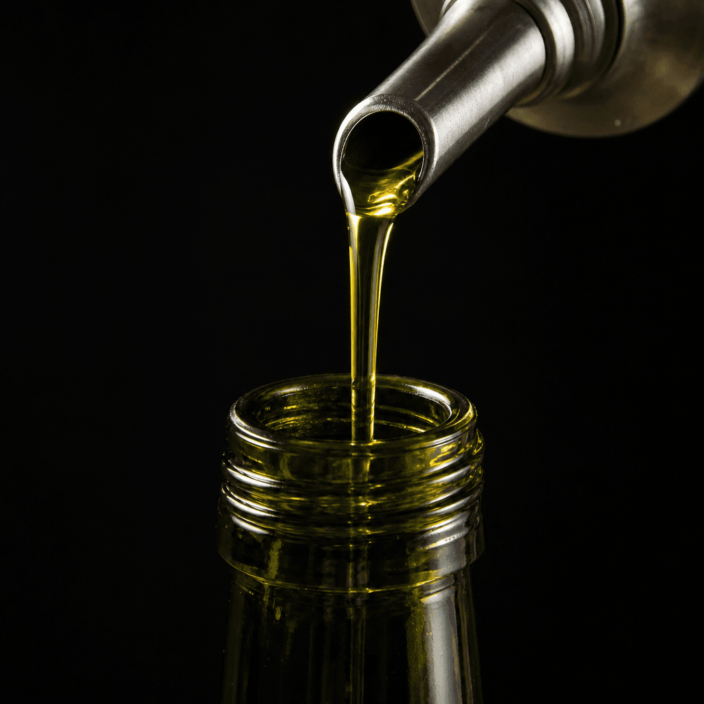Studio macro close-up of golden cold-pressed olive oil pouring in a thin stream from a stainless steel bottling spout in