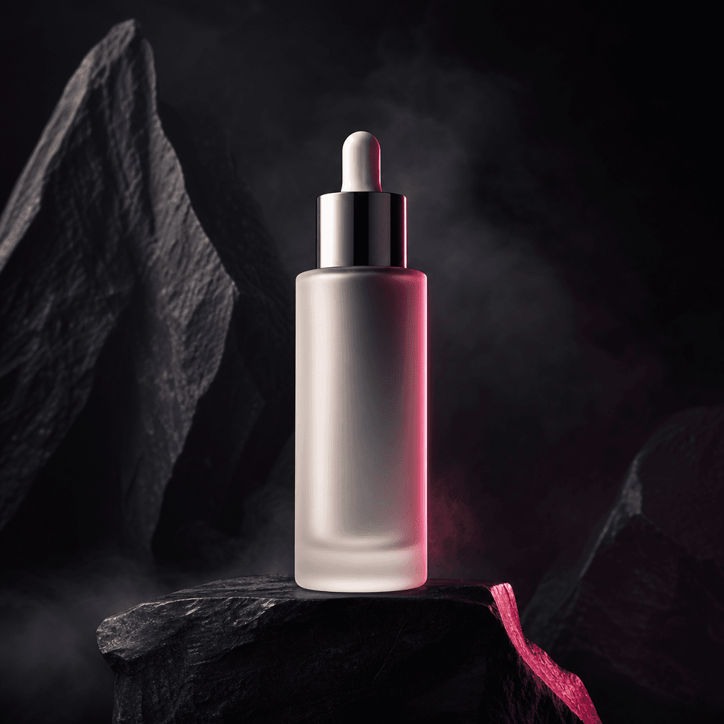 Luxury skincare product launch announcement visual, frosted glass bottle centered on a black stone pedestal, narrow hot 
