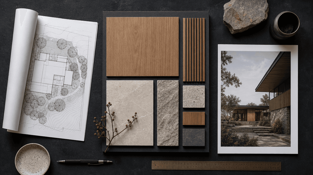 Top-down flat-lay of architectural workflow objects on a deep charcoal surface: a rolled site plan, a material sample bo