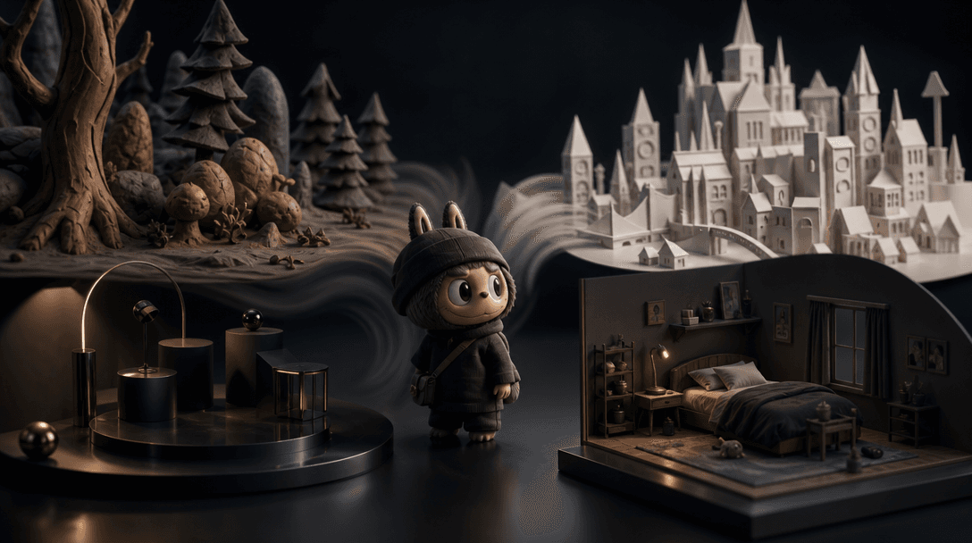 A single whimsical 3D character surrounded by several cinematic visual interpretations represented as physical sets: a c