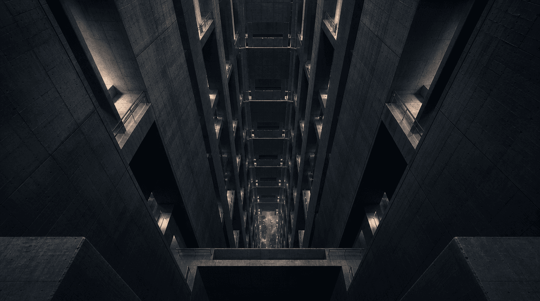 An impossible architectural shaft formed by repeating concrete towers descending toward a tiny illuminated street, extre