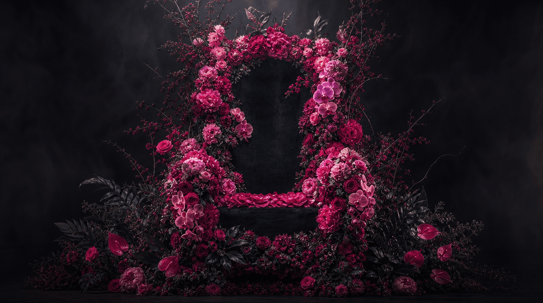 A carefully arranged floral art-direction study in a dark photography studio: concentric layers of roses, peonies, orchi