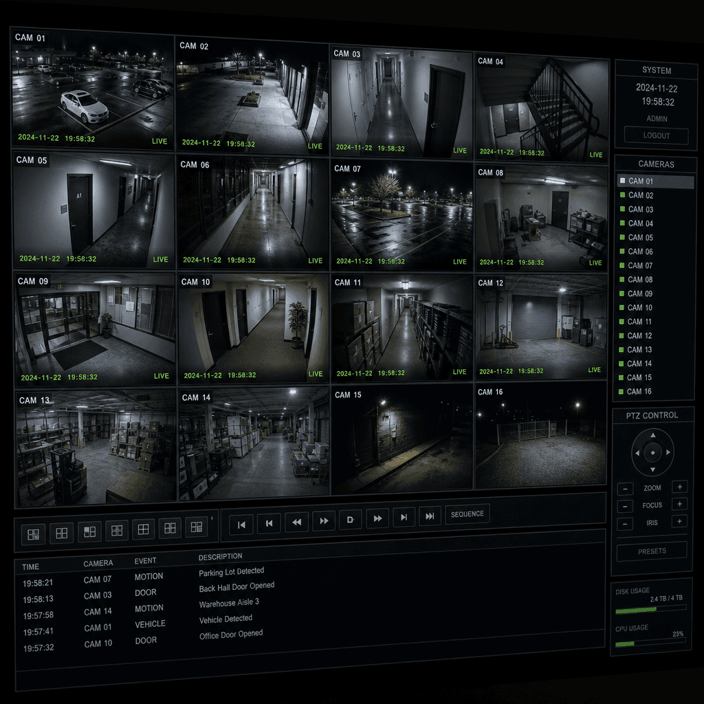 Multiple CCTV security camera feeds displayed on a dark control monitor grid, glowing green timestamps on each feed, sec