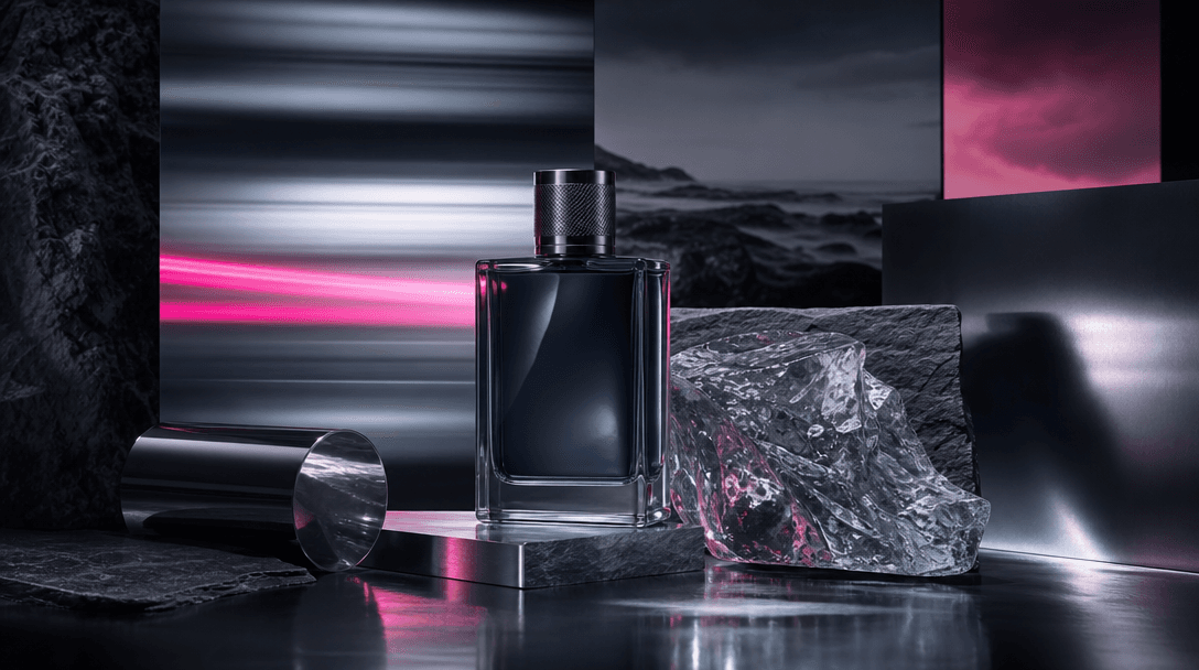 A cinematic studio tableau combining a polished product bottle, a strip of motion-blurred light, sculptural ice, reflect