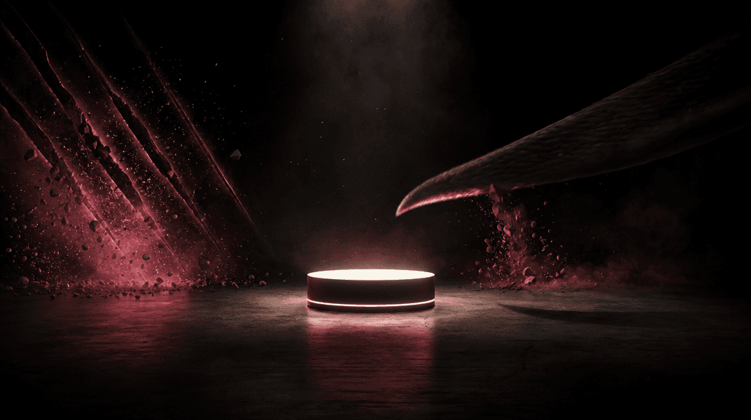 An empty dark soundstage moments before impact, a product pedestal illuminated at center while giant claw marks and a sw
