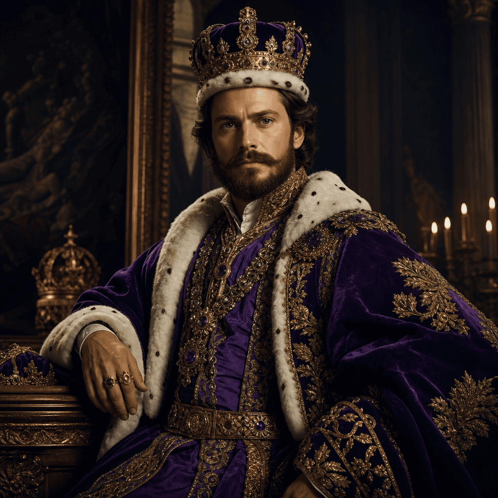 Baroque royal portrait, distinguished figure with ornate crown and jeweled purple robes, lavish classical portraiture, a