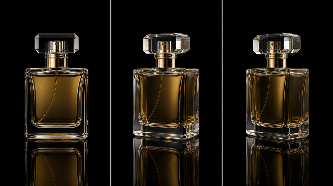 A triptych of ultra-sharp product photograph frames — a glass perfume bottle — arranged in a slight sequential perspecti