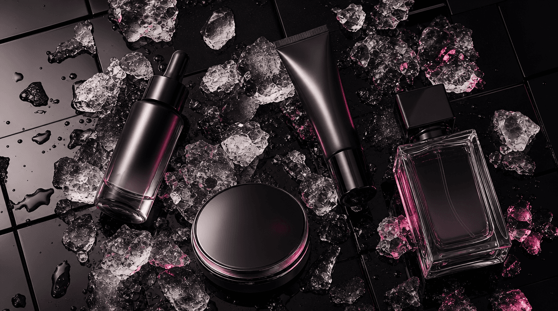 A cinematic flat-lay production scene with an unbranded serum bottle, compact, cosmetic tube, and fragrance vessel arran