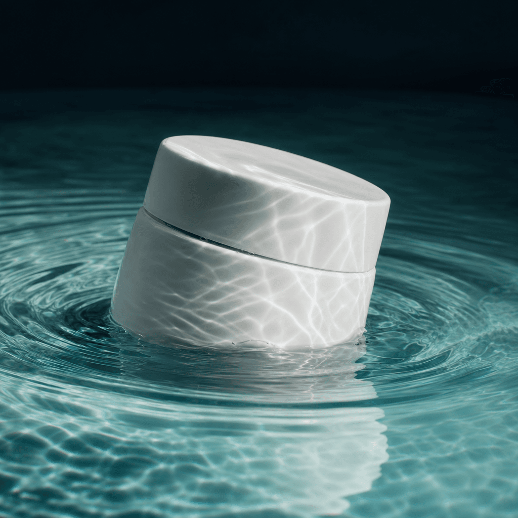 A sculptural white moisturizer jar half-submerged in clear turquoise seawater, concentric ripples and bright caustic lig