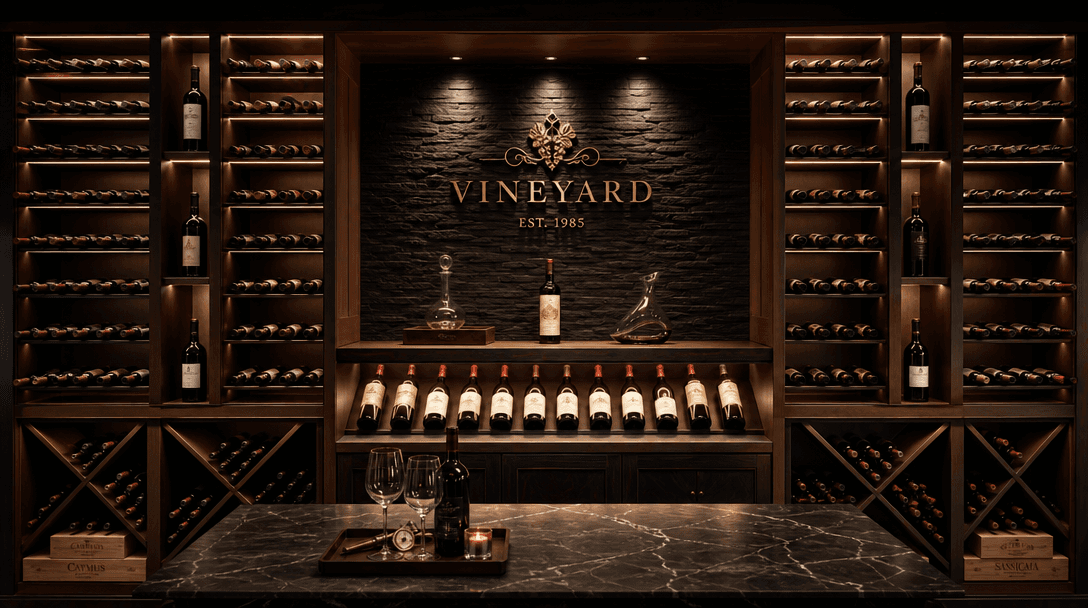 Wine collection display, professional arrangement, dramatic accent lighting, dark elegant background, premium aesthetic.