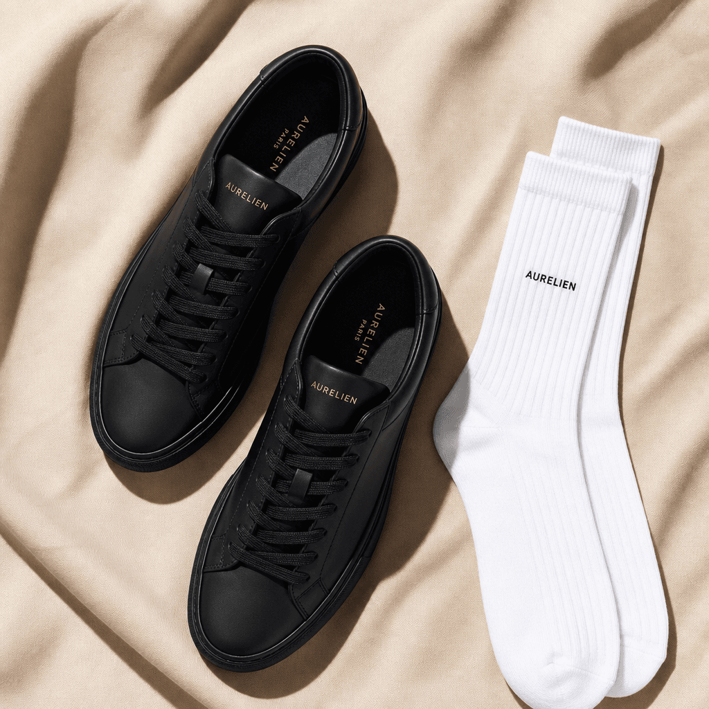 Overhead view of elegant black sneakers and white socks on neutral beige fabric. Studio lighting, crisp shadows, luxury 