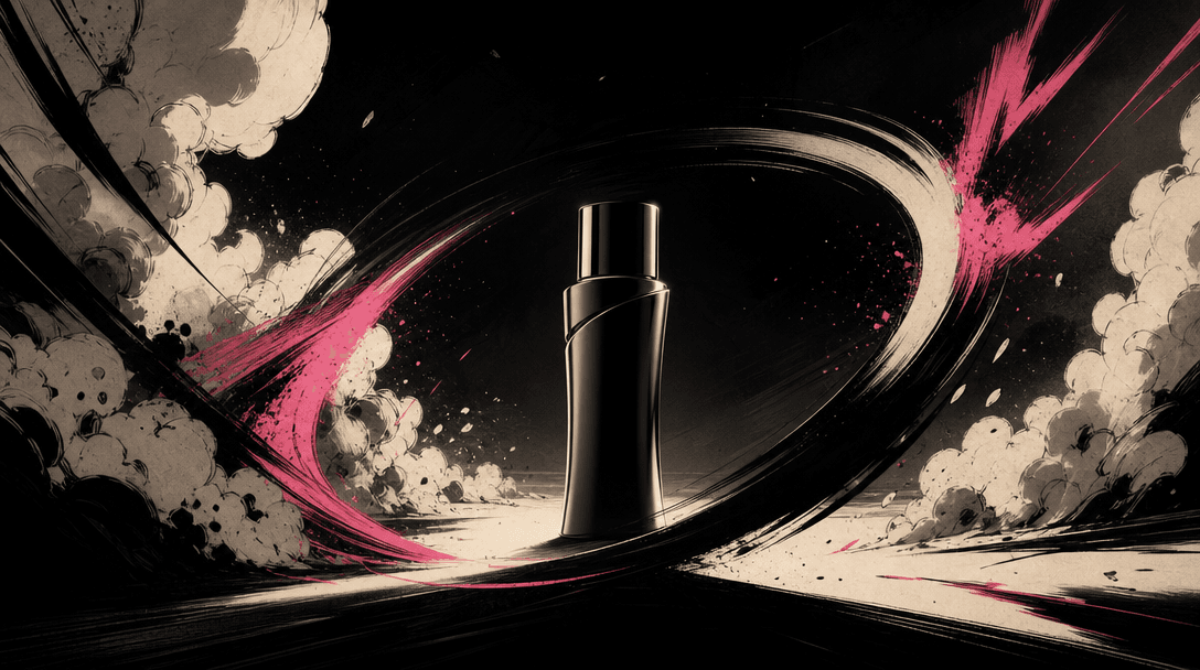 Abstract visualization of comic tension: sweeping black ink arcs, stretched shadows, dust clouds, and sharp motion trail