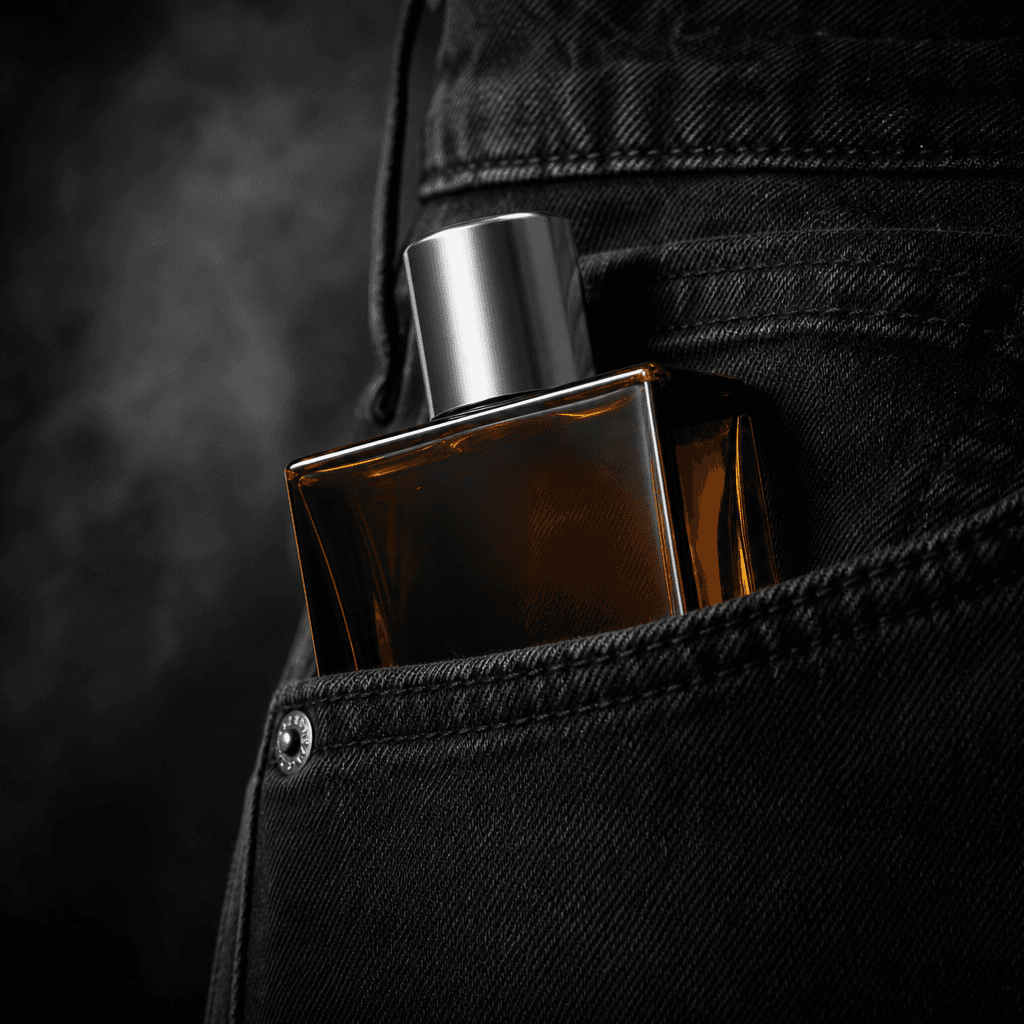 A compact amber fragrance bottle tucked into black jeans, silver cap catching a precise rim light, realistic denim weave