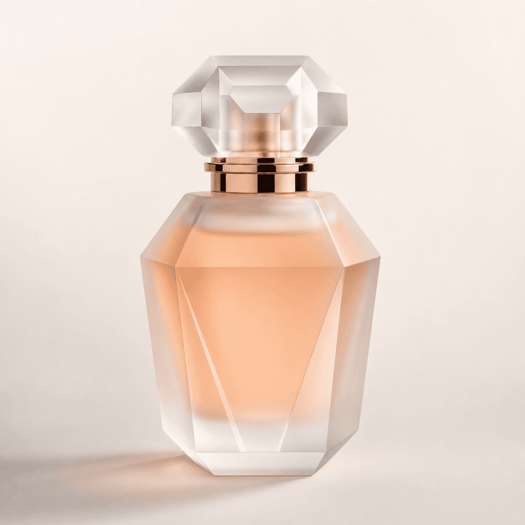 A frosted glass perfume bottle against a clean neutral off-white background. Three-point studio lighting reveals glass f
