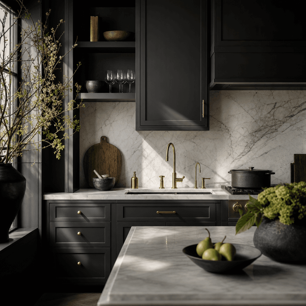 Modern kitchen with dark slate cabinetry, brushed brass tap fixtures, white marble backsplash, soft morning light raking