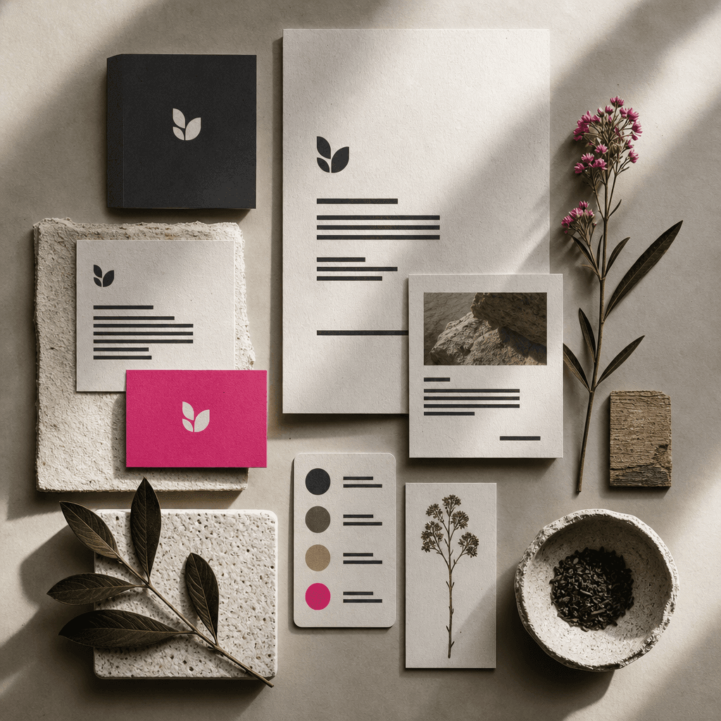 A modern sustainable brand profile arranged with recycled off-white paper, dark charcoal typography-like lines without r