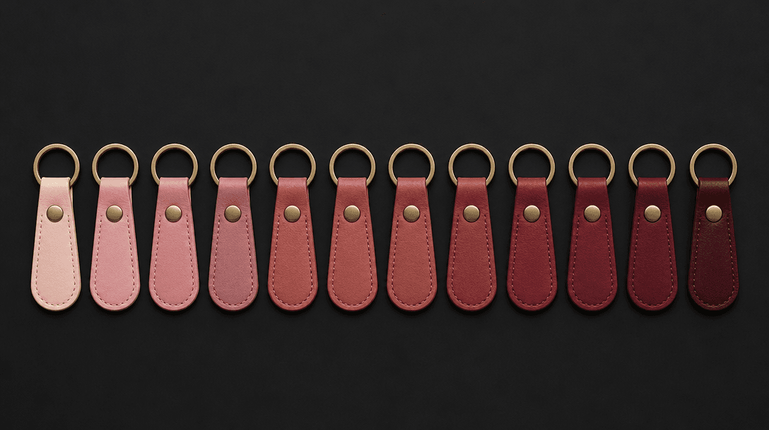 Twelve identical small leather keychains arranged in a perfect gradient row on a very dark matte surface — colors transi