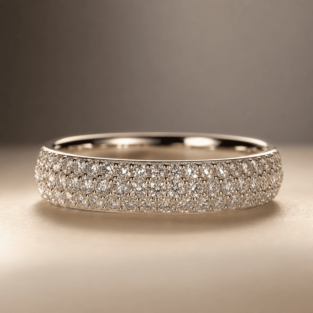 Studio close-up of a pavé diamond band ring on a warm cream surface. Diffused warm lighting, soft grey gradient backgrou