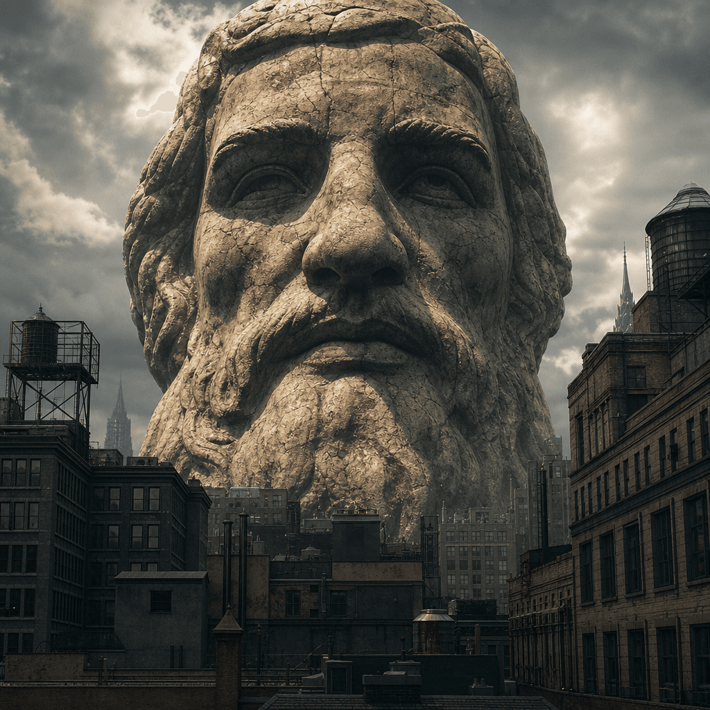 Giant stone statue face rising above city buildings, photorealistic texture, dramatic overhead lighting and shadows