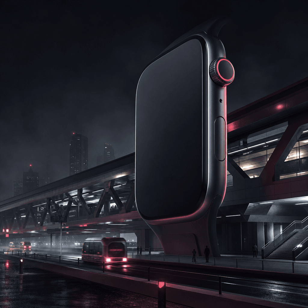 An enormous smartwatch resting vertically beside a futuristic transit station, the physical casing and crown rendered wi