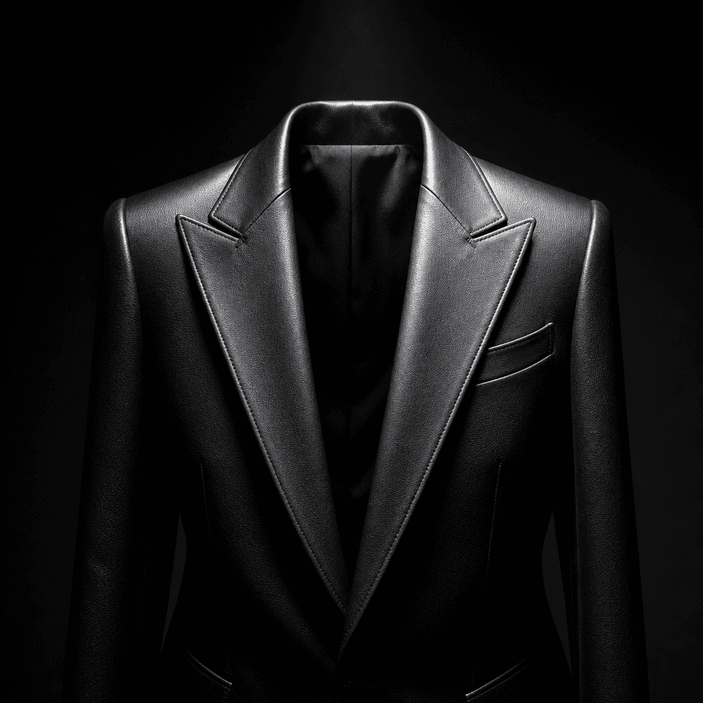 Editorial fashion product shot: a sleek black leather blazer draped with precision over an invisible form, dramatic chia