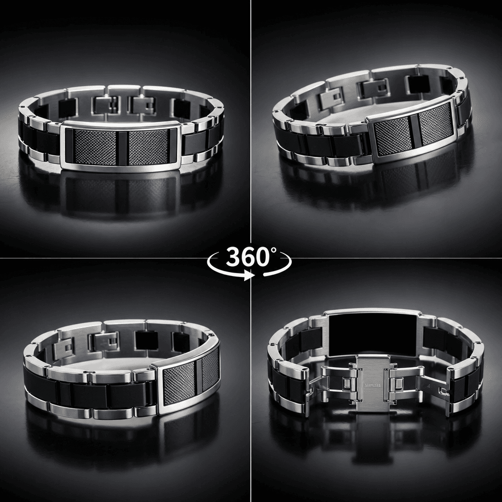 Accessory product spinning, polished finish visible, studio lighting, product showcase.