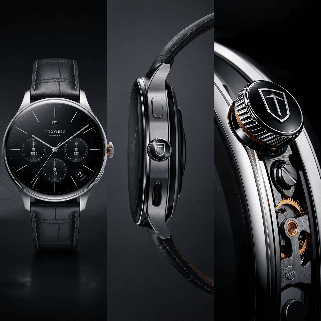 Luxury smartwatch triptych animation frame: watch face front, side profile showing band detail, crown and mechanism clos