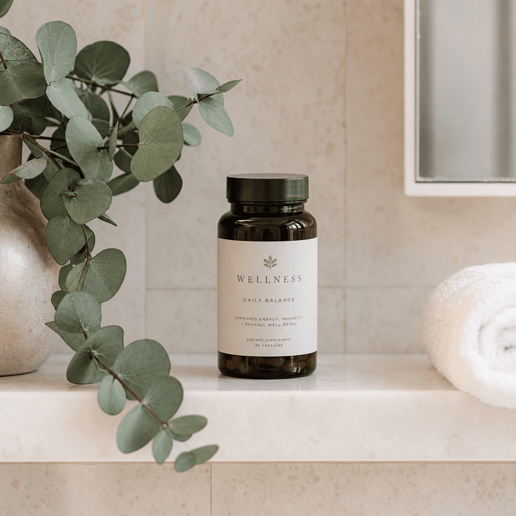 Wellness capsule bottle on a clean bathroom shelf with fresh eucalyptus sprigs draped nearby, warm ambient light, pale s