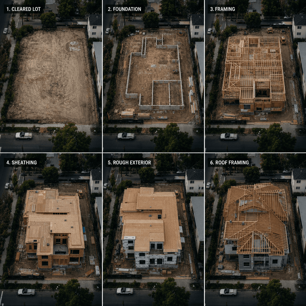 Aerial overhead view of construction site transformation showing progression from empty cleared lot to multi-story build