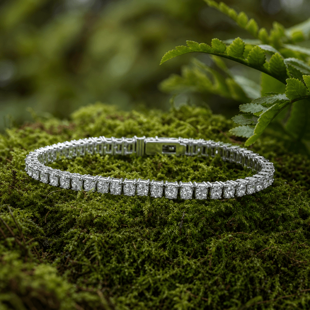 Diamond bracelet nestled in lush green moss, botanical jewelry editorial, soft natural diffused light, luxury accessory 