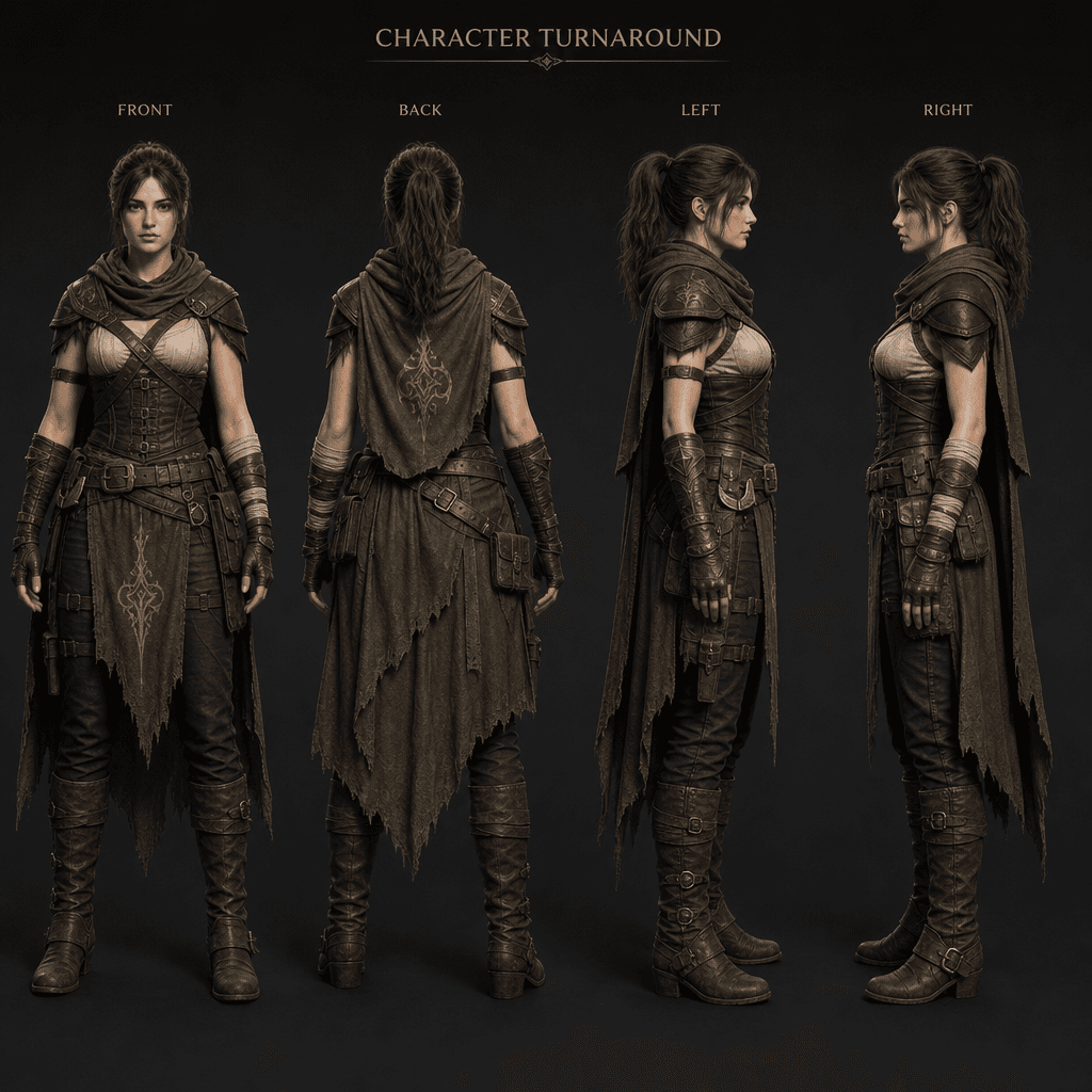Professional character sheet grid layout showing same character in four angles: front, back, left profile, right profile