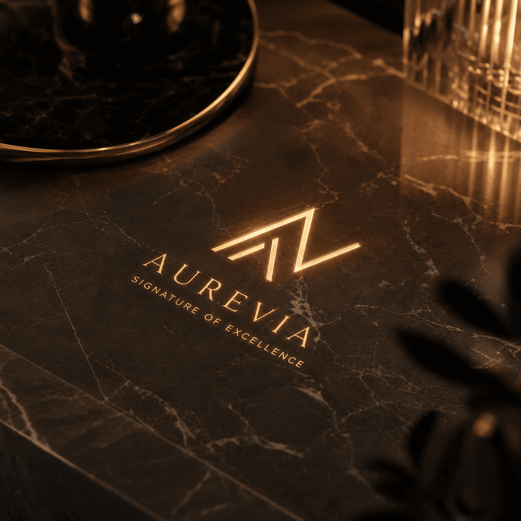 Brand logo glowing softly on a polished marble surface. Warm studio lighting, fine-art composition, corporate luxury aes