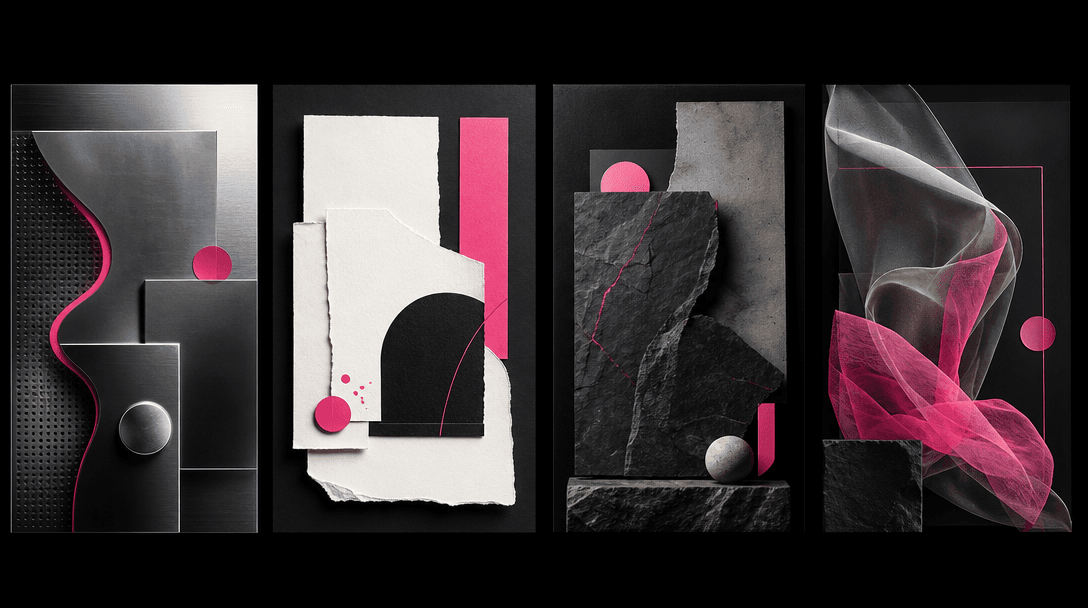Four distinct one-page compositions represented by layered paper panels with different material moods: brushed metal, so