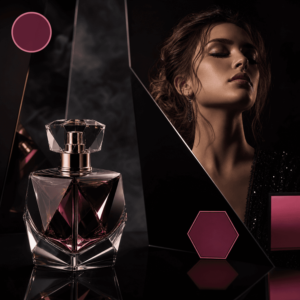 Square fragrance campaign showing a faceted perfume bottle beside an abstractly framed model in elegant evening styling,