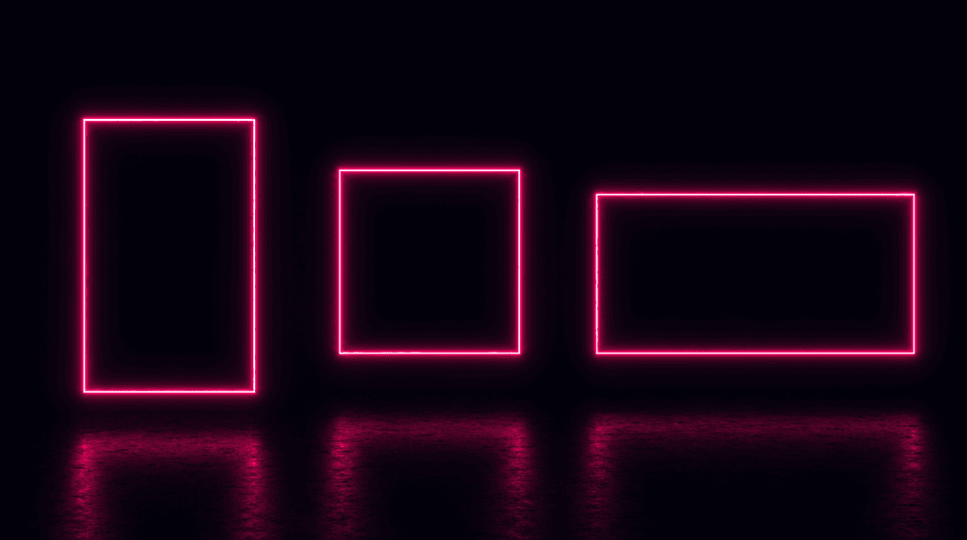 Three glowing rectangular light frames of distinct proportions — tall portrait, perfect square, wide landscape — hoverin