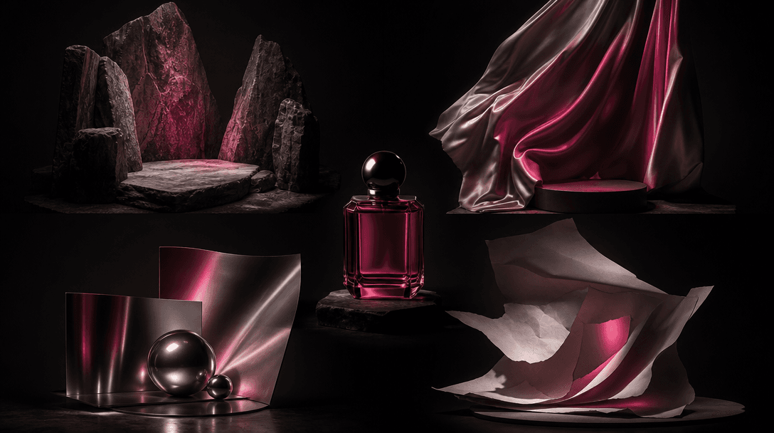 A refined campaign moodboard expressed without an interface: four physical studio sets arranged as miniature stages arou