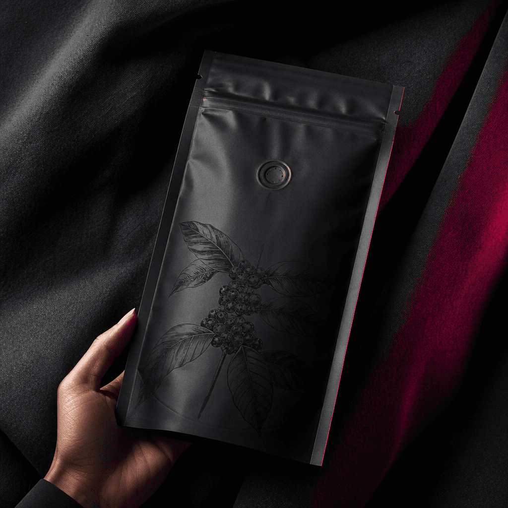 A matte black specialty coffee pouch held against folded charcoal fabric, photographed as a high-fashion accessory, hard
