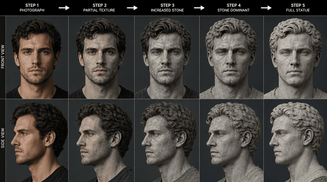 Transformation sequence showing portrait morphing from photograph to stone statue texture in split-screen comparison vie