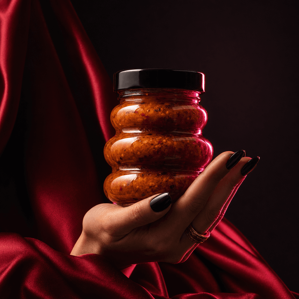 A sculptural glass jar of gourmet sauce held beside rich crimson silk, dramatic dark editorial set, warm spotlight and h