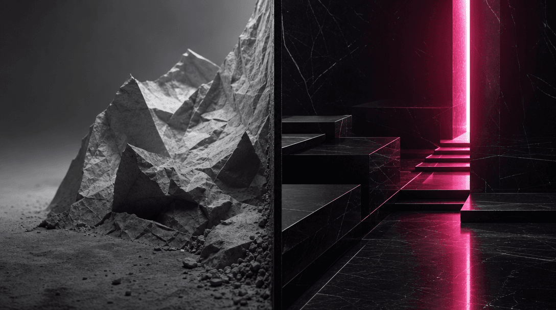Two sharply contrasting material environments divided through the center: rough crumpled paper, dust, and flat gray ligh
