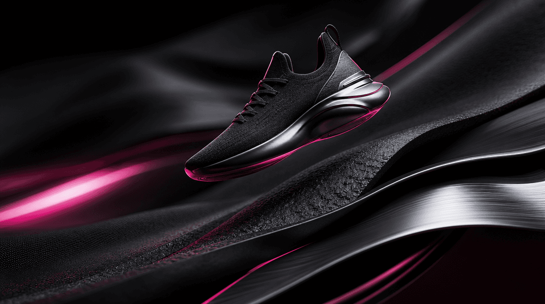 A single sneaker suspended above layered dark surfaces that appear to flow forward like a continuous path, combining mat