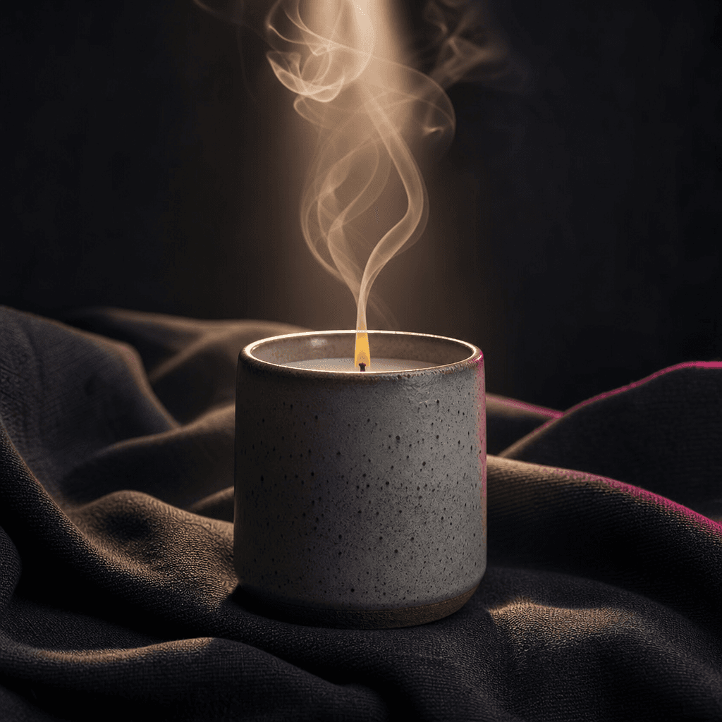 A ceramic candle centered on folded charcoal fabric as a narrow warm beam illuminates drifting smoke above the wick. Dar