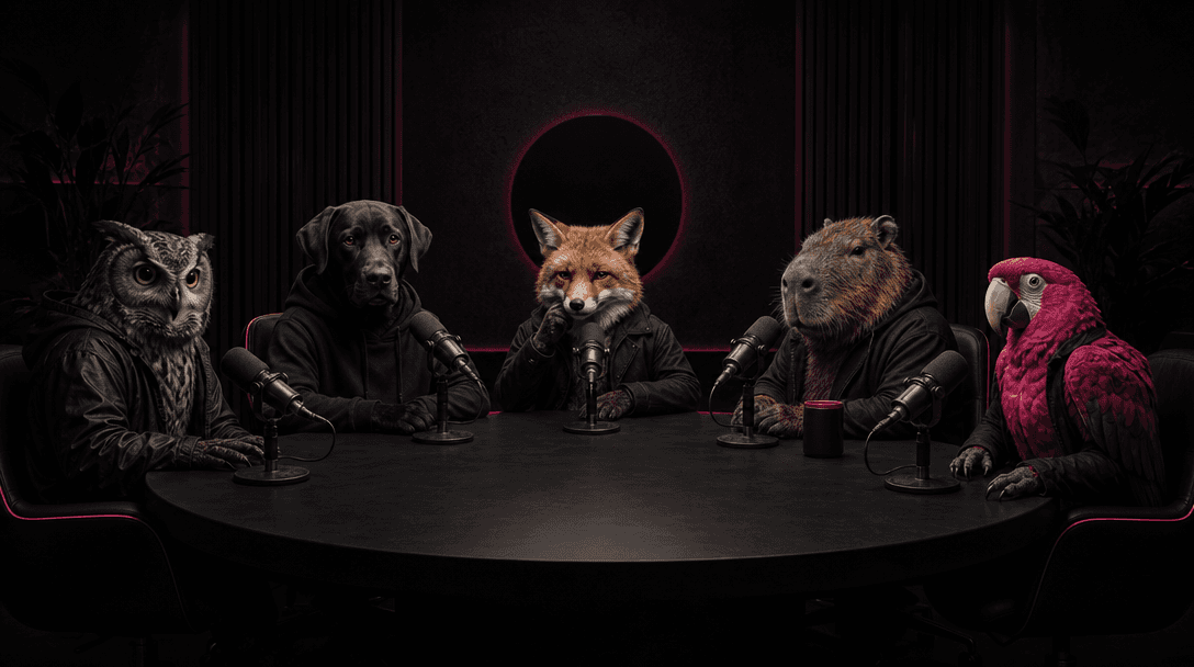 A cinematic lineup of animal host archetypes emerging from darkness around a circular podcast table: owl, dog, fox, capy