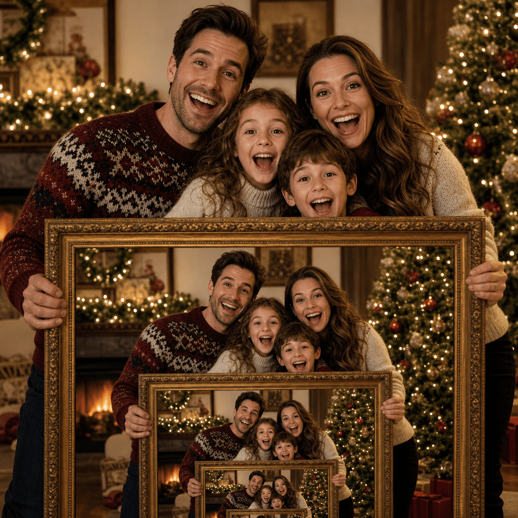 Holiday family portrait with recursive frame-within-frame effect. Cozy indoor setting, warm seasonal lighting, animated 